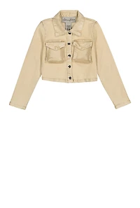 Girls Acid Wash Button Front Jean Jacket, Beige, Size 14