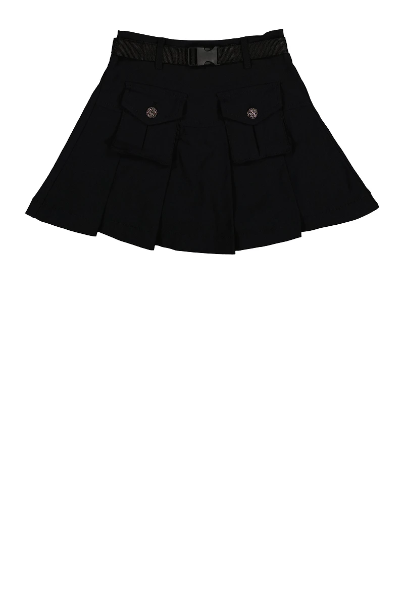 Girls Camo Belted Cargo Pocket Pleated Skirt, 7-8