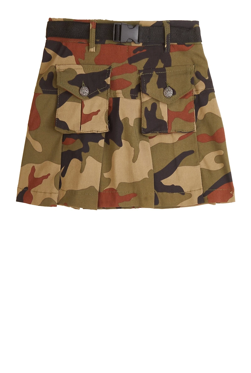 Girls Camo Belted Cargo Pocket Pleated Skirt, Green, Size 10-12