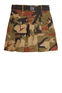 Girls Camo Belted Cargo Pocket Pleated Skirt, Green, Size 10-12