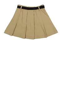 Girls Camo Belted Cargo Pocket Pleated Skirt, Khaki, Size 14