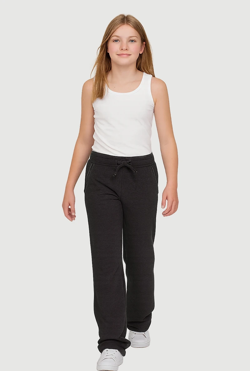 Girls Fleece Lined Wide Leg Raw Hem Sweatpants
