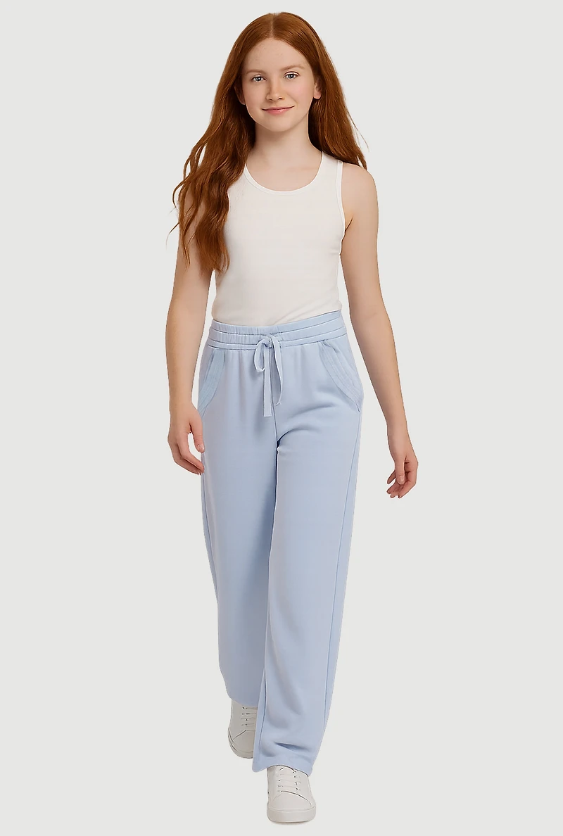 Girls Fleece Lined Wide Leg Raw Hem Sweatpants