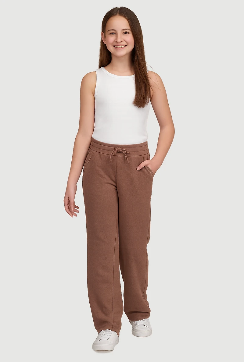 Girls Fleece Lined Wide Leg Raw Hem Sweatpants