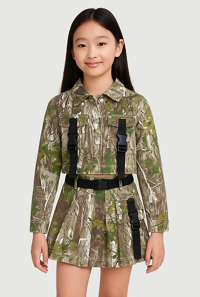 Girls Hunter Camo Print Long Sleeve Collar Jacket with Buckles