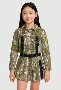 Girls Hunter Camo Print Long Sleeve Collar Jacket with Buckles