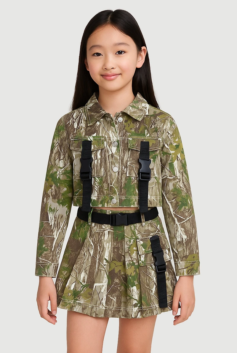 Girls Hunter Camo Print Long Sleeve Collar Jacket with Buckles, Multi,