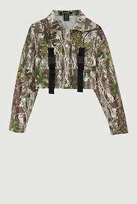 Girls Hunter Camo Print Long Sleeve Collar Jacket with Buckles, Multi,