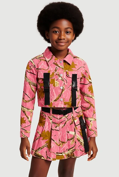 Girls Hunter Camo Print Long Sleeve Collar Jacket with Buckles, Pink, Size 10-12