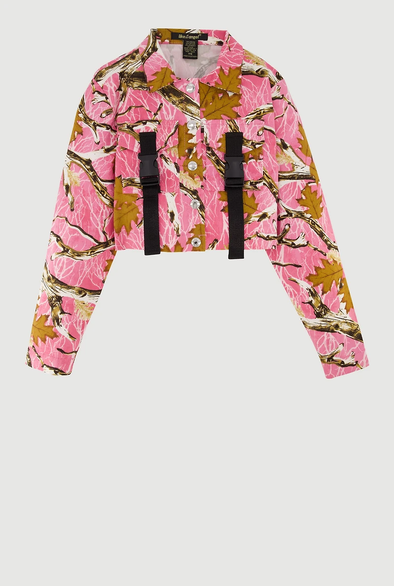 Girls Hunter Camo Print Long Sleeve Collar Jacket with Buckles, Pink, Size 14