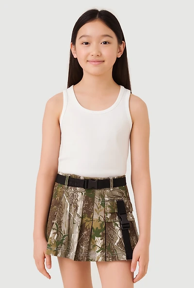 Girls Hunter Camo Print Belted Skirt with Cargo Pocket Detail
