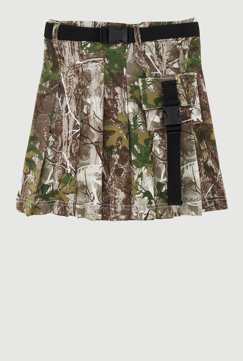 Girls Hunter Camo Print Belted Skirt with Cargo Pocket Detail