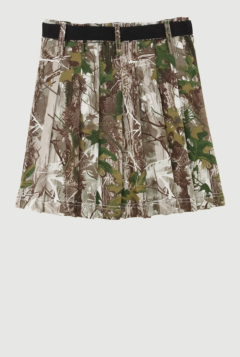 Girls Hunter Camo Print Belted Skirt with Cargo Pocket Detail