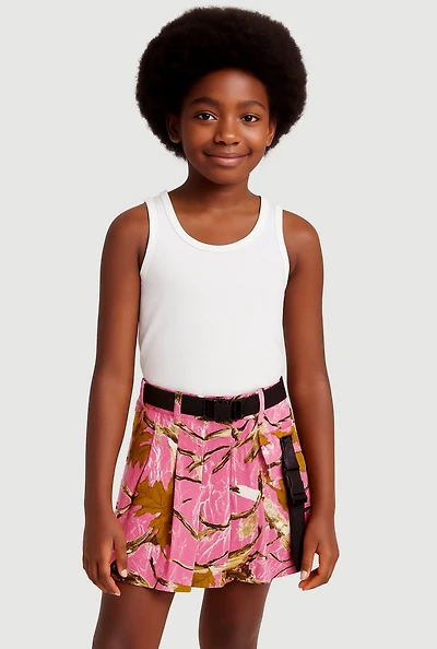 Girls Hunter Camo Print Belted Skirt with Cargo Pocket Detail, Pink, Size 10-12