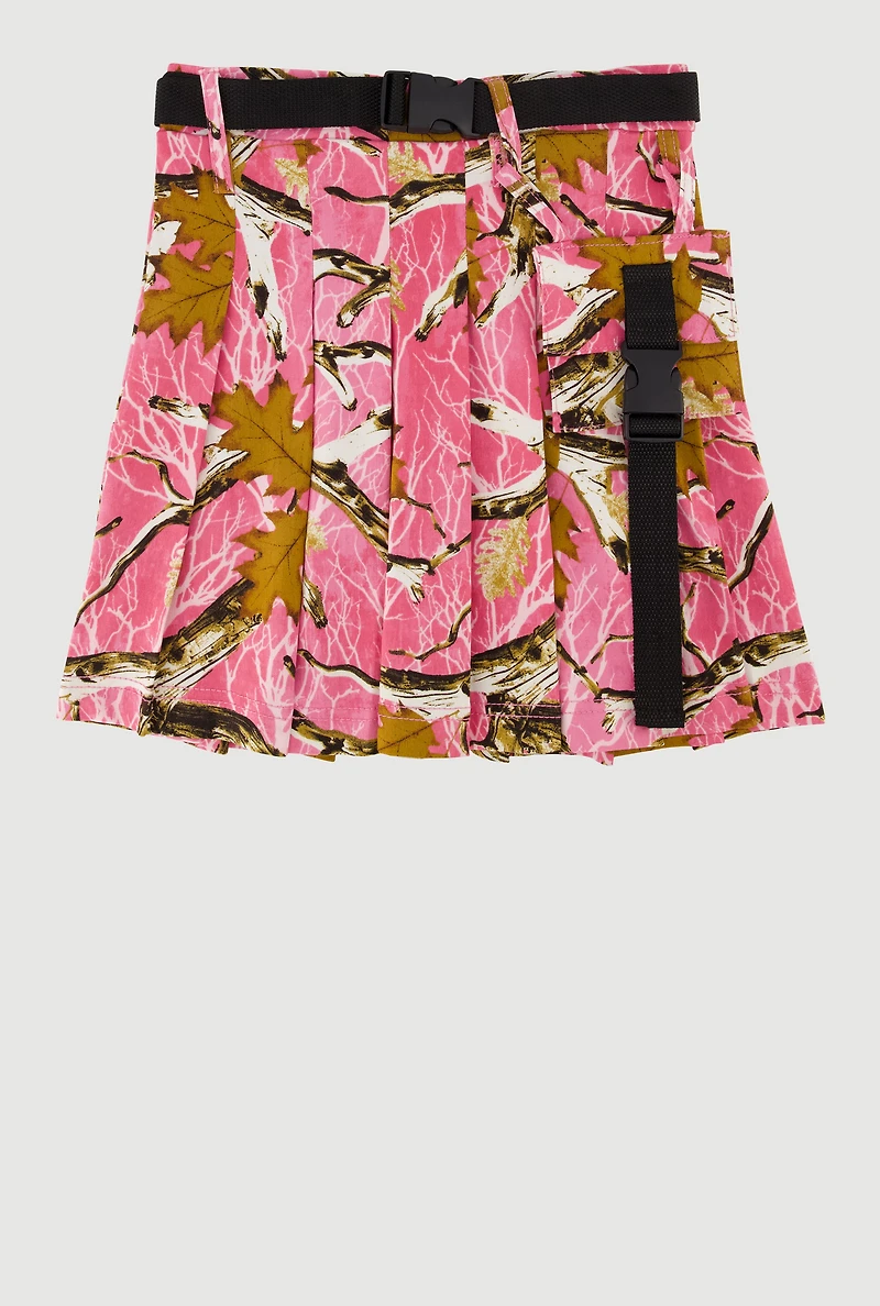 Girls Hunter Camo Print Belted Skirt with Cargo Pocket Detail, Pink, Size 10-12
