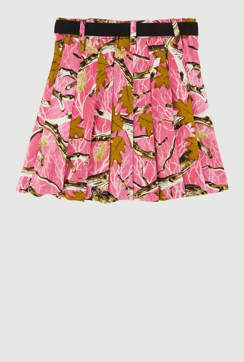 Girls Hunter Camo Print Belted Skirt with Cargo Pocket Detail, Pink, Size 10-12
