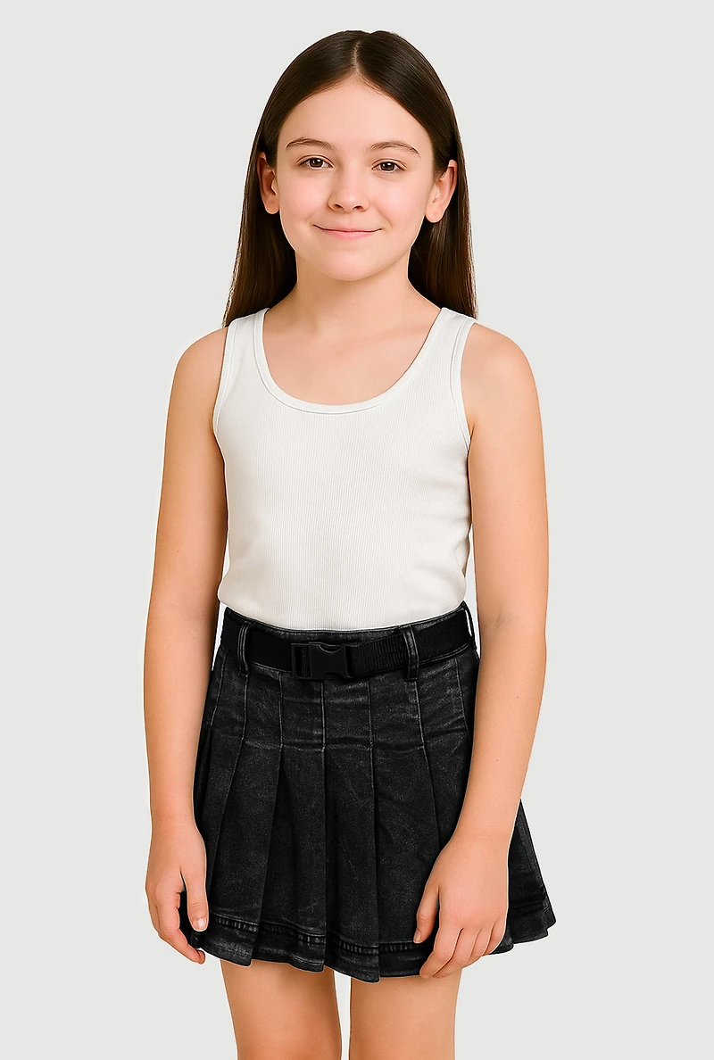 Girls Mid-Rise Acid Wash Denim Pleated Skirt with Belt,