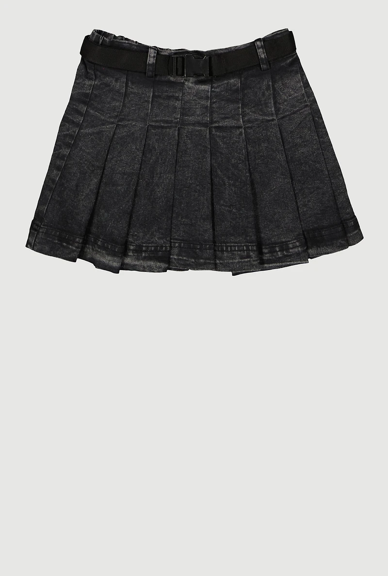 Girls Mid-Rise Acid Wash Denim Pleated Skirt with Belt, Black, Size 7-8