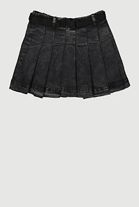 Girls Mid-Rise Acid Wash Denim Pleated Skirt with Belt, Black, Size 7-8