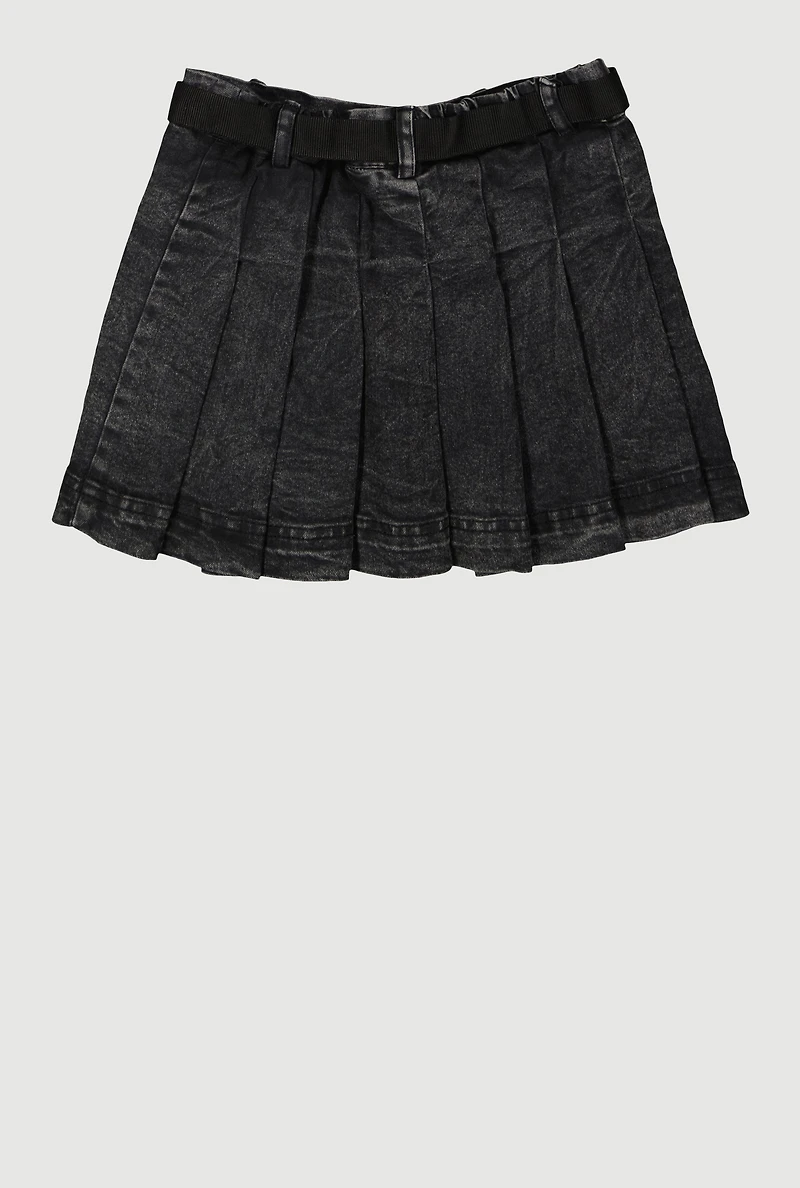 Girls Mid-Rise Acid Wash Denim Pleated Skirt with Belt, Black, Size 7-8