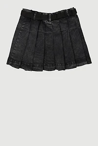 Girls Mid-Rise Acid Wash Denim Pleated Skirt with Belt,