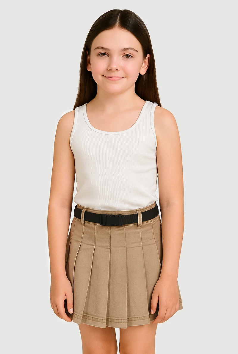 Girls Mid-Rise Acid Wash Denim Pleated Skirt with Belt