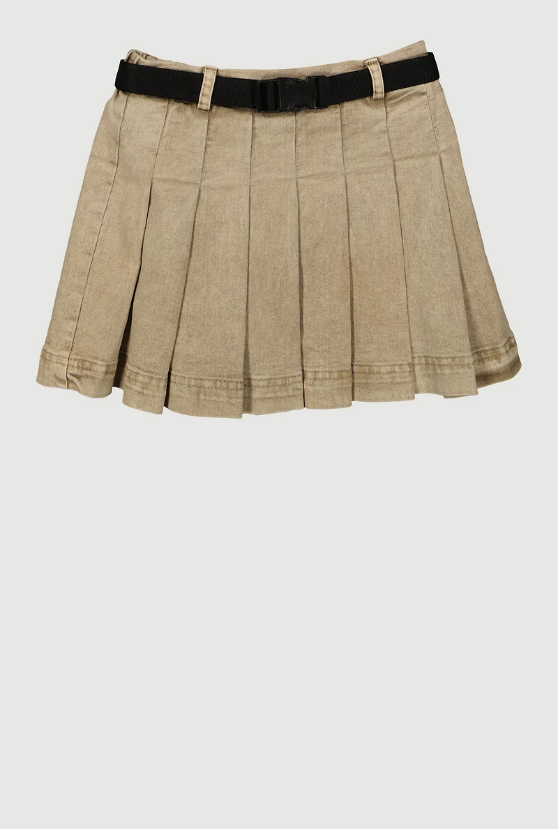 Girls Mid-Rise Acid Wash Denim Pleated Skirt with Belt,