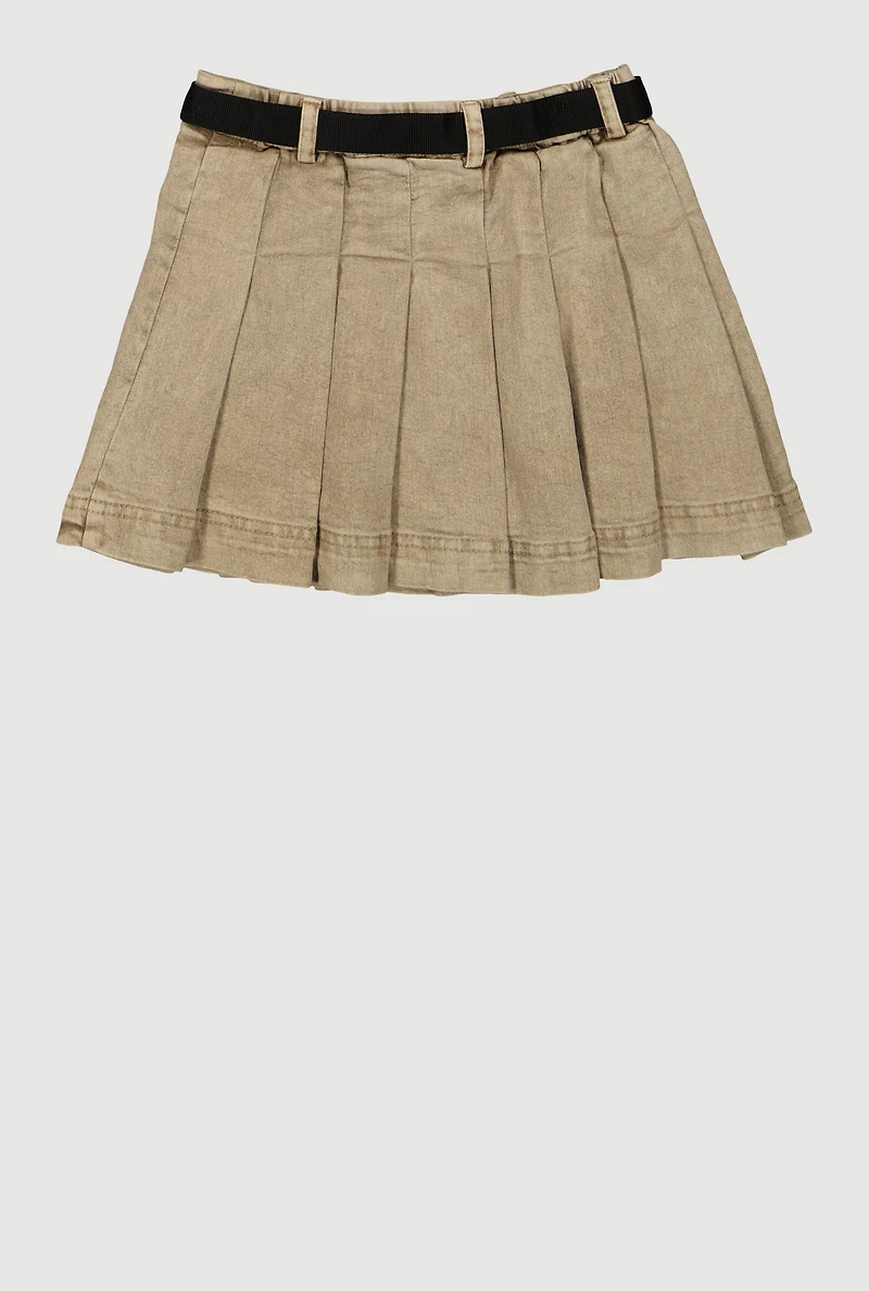 Girls Mid-Rise Acid Wash Denim Pleated Skirt with Belt,