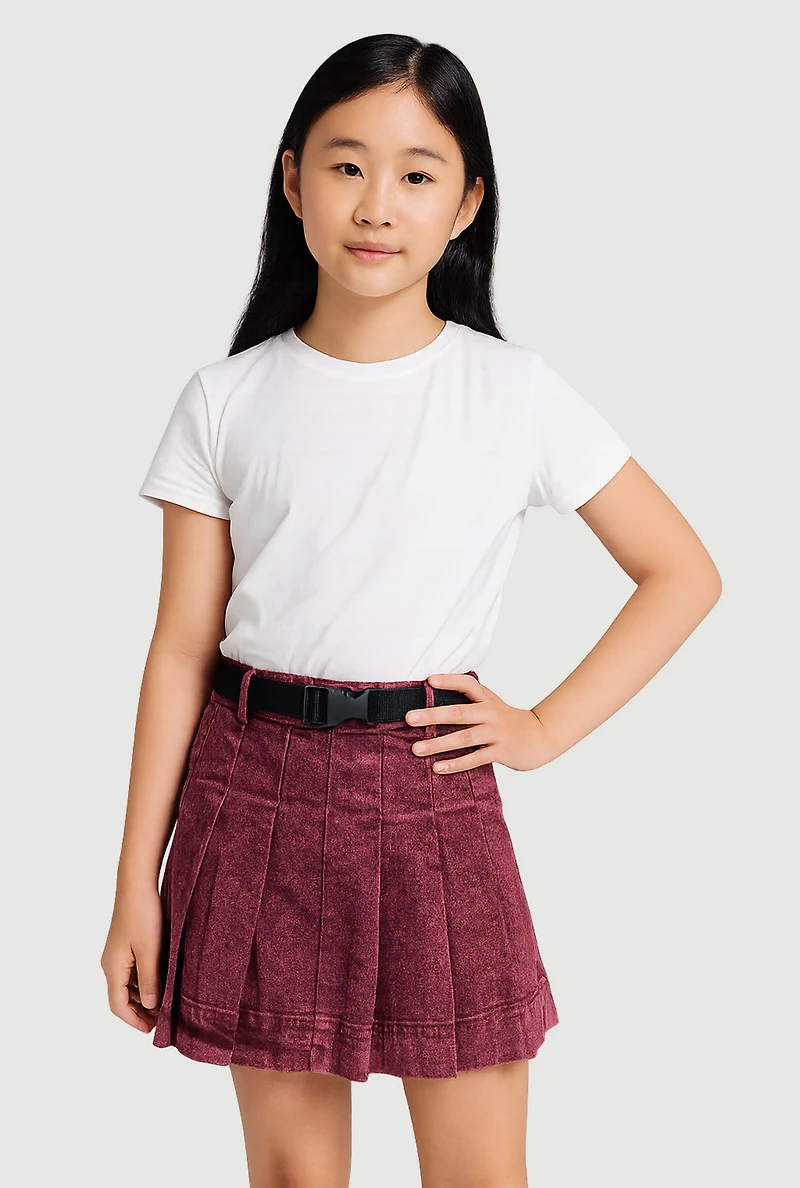 Girls Mid-Rise Acid Wash Denim Pleated Skirt with Belt