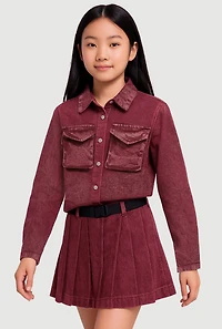 Girls Mid-Rise Acid Wash Denim Pleated Skirt with Belt, Burgundy, Size 16