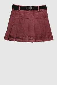 Girls Mid-Rise Acid Wash Denim Pleated Skirt with Belt, Burgundy, Size 16