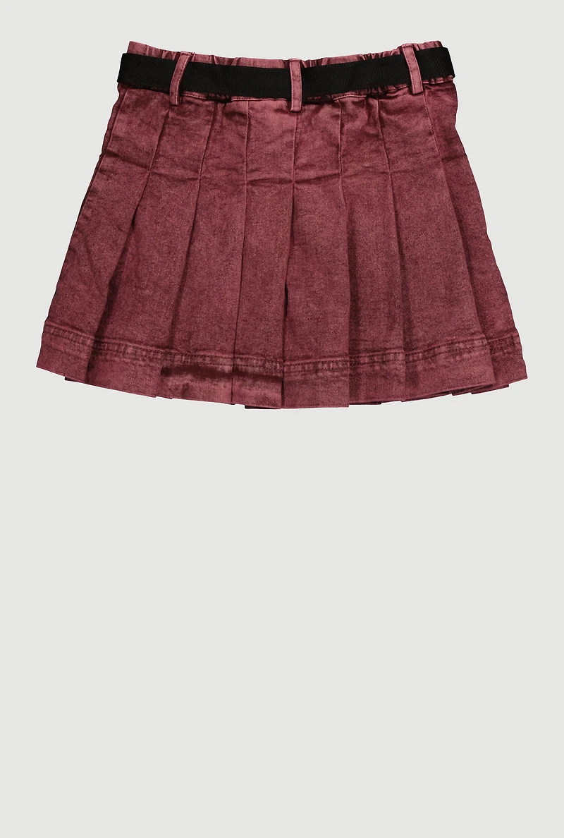 Girls Mid-Rise Acid Wash Denim Pleated Skirt with Belt, Burgundy, Size 16
