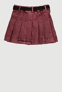 Girls Mid-Rise Acid Wash Denim Pleated Skirt with Belt,