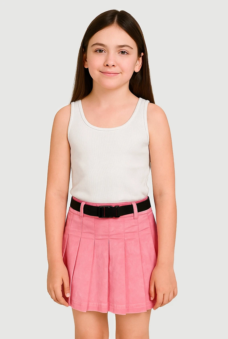 Girls Mid-Rise Acid Wash Denim Pleated Skirt with Belt