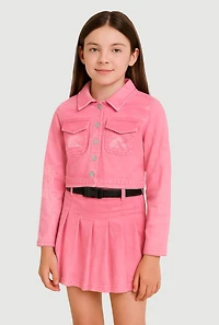 Girls Mid-Rise Acid Wash Denim Pleated Skirt with Belt, Pink, Size 14