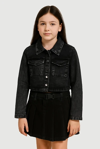 Girls Acid Wash Flap Pocket Denim Jacket,