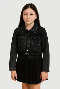 Girls Acid Wash Flap Pocket Denim Jacket,