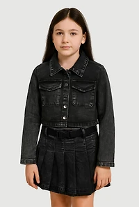 Girls Acid Wash Flap Pocket Denim Jacket