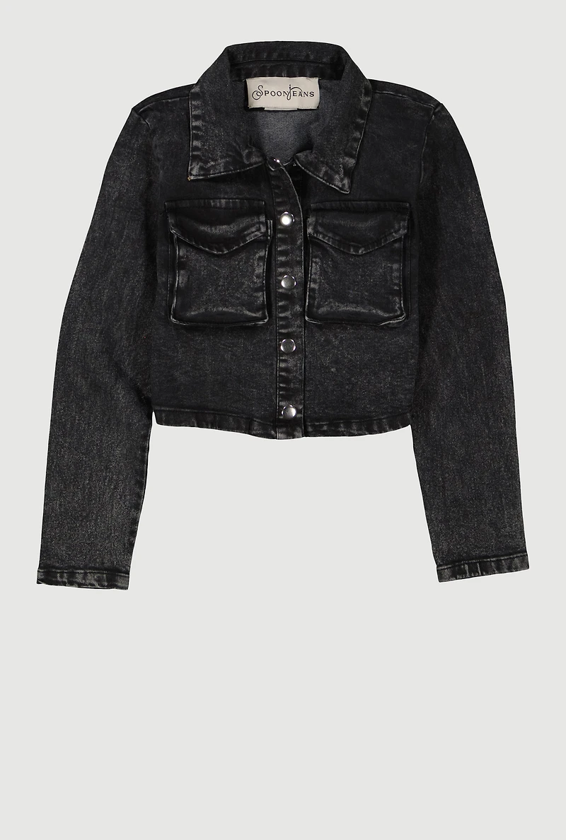 Girls Acid Wash Flap Pocket Denim Jacket, Black, Size 14