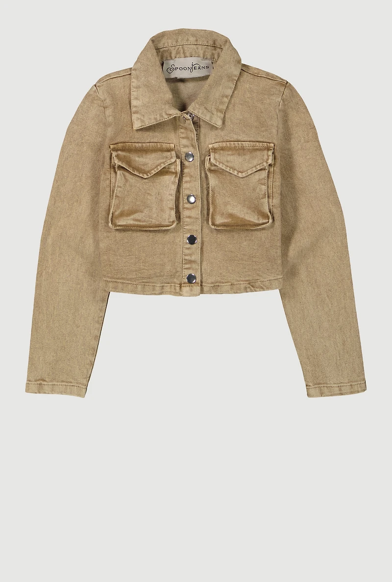 Girls Acid Wash Flap Pocket Denim Jacket, Khaki, Size 14