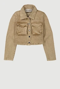 Girls Acid Wash Flap Pocket Denim Jacket, Khaki, Size 14