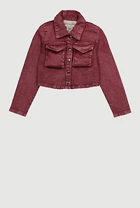 Girls Acid Wash Flap Pocket Denim Jacket,