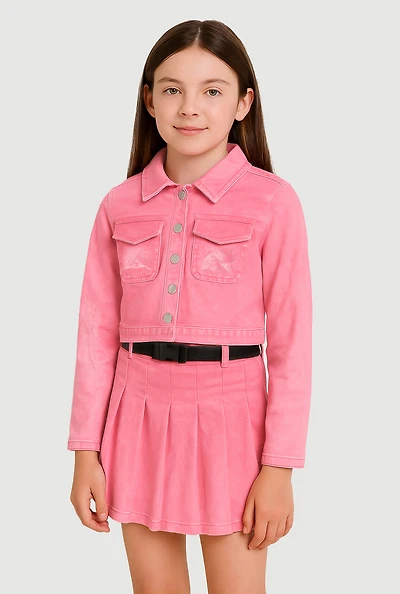 Girls Acid Wash Flap Pocket Denim Jacket, Pink, Size 10-12