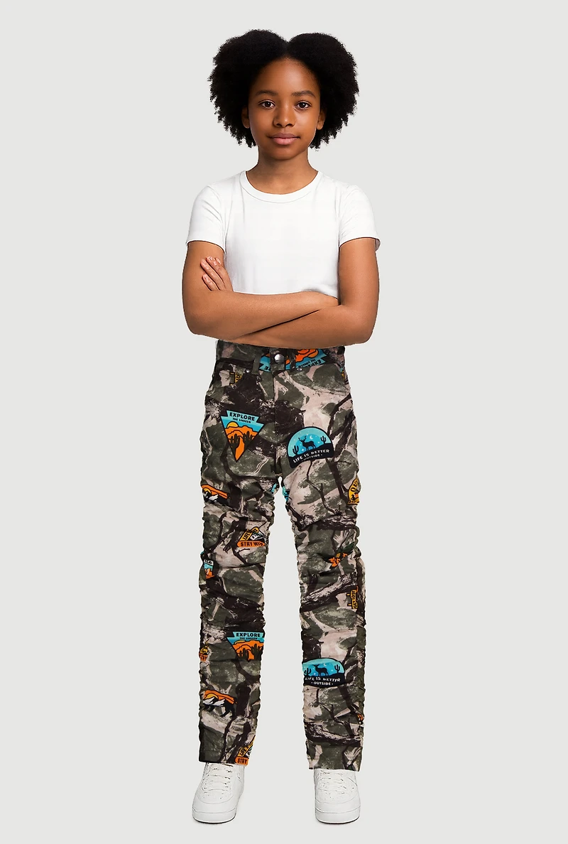 Girls Camo Hyper Stretch Stacked Skinny Leg Pants, Green, Size 14