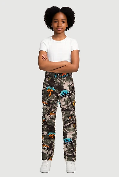 Girls Camo Hyper Stretch Stacked Skinny Leg Pants, Green, Size 14