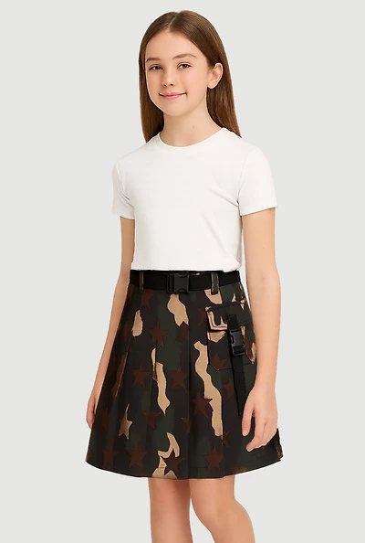 Girls Camo Hyper Stretch Pleated Skirt with Belt, Green, Size 16