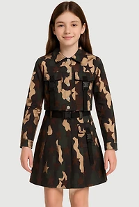 Girls Camo Hyper Stretch Pleated Skirt with Belt, Green, Size 16