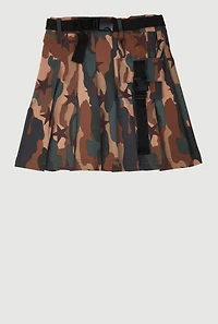 Girls Camo Hyper Stretch Pleated Skirt with Belt, Green, Size 16