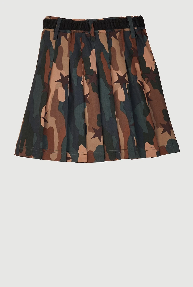 Girls Camo Hyper Stretch Pleated Skirt with Belt, Green, Size 10-12