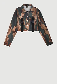 Girls Camo Hyper Stretch Button Front Jacket, Brown,